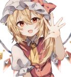  1girl :d ascot bangs blonde_hair bow chicachang collared_shirt commentary_request crystal fang flandre_scarlet frilled_sleeves frills hair_between_eyes hat hat_bow highres long_hair looking_at_viewer mob_cap one_side_up open_hand open_mouth puffy_short_sleeves puffy_sleeves red_bow red_eyes red_skirt red_vest shirt short_sleeves skin_fang skirt smile solo touhou upper_body vest white_background white_headwear white_shirt wing_collar wings yellow_ascot 