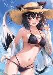  1girl animal_ear_fluff animal_ears bangs bikini black_bikini black_hair blush bow braid breasts cleavage cloud cloudy_sky commentary_request day ears_through_headwear fang fox_ears fox_girl fox_shadow_puppet fox_tail hair_between_eyes hair_bow hat highres hololive kurokami_fubuki long_hair looking_at_viewer navel ocean open_clothes open_mouth open_shirt pentagram red_bow red_eyes shirt sidelocks single_braid skin_fang sky small_breasts smile solo straw_hat swimsuit tail uechin_ewokaku virtual_youtuber wading wet wet_clothes white_shirt 