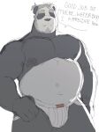  2022 anthro belly big_belly black_body black_nose clothing english_text eyes_closed giant_panda hi_res humanoid_hands jockstrap male mammal nipples overweight overweight_male ruslorc simple_background solo text underwear ursid white_body 