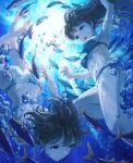  2girls air_bubble armpits barefoot bikini blue_bikini blue_eyes brown_hair bubble closed_mouth fish fish_request gurafuru highres long_hair multiple_girls navel original purple_eyes short_hair smile submerged swimming swimsuit underwater 