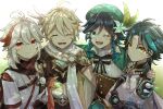  4boys :d ;d ^_^ aether_(genshin_impact) ahoge aqua_eyes aqua_hair arm_around_shoulder armor bandaged_hand bandages bangs bead_necklace beads beret black_bow black_bowtie black_hair black_scarf blonde_hair blue_gloves bow bowtie braid brown_corset brown_shirt buttons capelet chinese_clothes closed_eyes closed_mouth collared_capelet commentary_request corset crop_top cropped_shirt crossed_arms crossed_bangs diamond-shaped_pupils diamond_(shape) earrings facial_mark flower forehead_mark gem genshin_impact gloves gold_trim gradient_hair green_capelet green_hair green_headwear grey_hair grey_kimono hair_between_eyes hair_flower hair_ornament hand_up hat highres holding holding_leaf japanese_armor japanese_clothes jewelry kaedehara_kazuha kimono leaf looking_at_viewer low_ponytail male_focus maple_leaf medium_hair midriff multicolored_hair multiple_boys necklace one_eye_closed open_mouth parted_bangs pom_pom_(clothes) ponytail red_eyes red_hair scarf shirt short_sleeves shoulder_armor shoulder_spikes side_braids sidelocks single_earring sleeveless sleeveless_shirt smile spikes streaked_hair su34ma symbol-shaped_pupils tassel teeth tongue twin_braids upper_body v venti_(genshin_impact) vision_(genshin_impact) white_flower white_scarf white_shirt xiao_(genshin_impact) yellow_eyes 