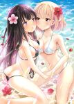  2girls ass beach bikini black_bikini black_hair blonde_hair blush breasts cheek-to-cheek cleavage day eye_contact flower hair_flower hair_ornament heads_together highres holding_hands inoue_takina kneeling large_breasts long_hair looking_at_another lycoris_recoil medium_hair micro_bikini multiple_girls navel nishikigi_chisato ocean outdoors petals pink_eyes purple_hair sitting smile sunlight swimsuit uonuma_yuu wariza white_bikini yuri 