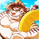  2022 anthro band-aid bandage belly big_belly clothing cloud eyewear felid fur glasses hiryuuuuuuuuu humanoid_hands kemono licho_(tas) lifewonders male mammal moobs navel outside overweight overweight_male pantherine solo swimwear tiger tokyo_afterschool_summoners video_games white_body white_fur 
