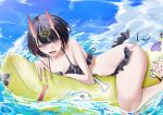  1girl absurdres banana_boat bangs bare_shoulders bikini black_bikini blue_sky bob_cut breasts collarbone eyeliner fate/grand_order fate_(series) headpiece highres horns looking_to_the_side makeup ocean oni oni_horns open_mouth purple_eyes purple_hair san_(harutuki_3) short_hair shuten_douji_(fate) skin-covered_horns sky small_breasts solo swimsuit 