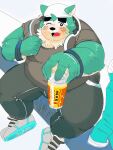  2022 anthro belly big_belly black_nose blush bodily_fluids bottomwear can canid canine canis clothing container devour1129 domestic_dog green_body headphones headphones_around_neck hi_res humanoid_hands kemono lifewonders live-a-hero male mammal mokdai one_eye_closed overweight overweight_male pants shirt sitting solo sweat topwear video_games 
