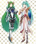  2girls absurdres armlet armor asymmetrical_footwear bangs bare_shoulders belt blush breasts chest_jewel cleavage cosplay costume_switch dress earrings forehead_jewel gem gloves green322 green_eyes green_hair hair_ornament headpiece high_heels highres jewelry kid_icarus kid_icarus_uprising large_breasts laurel_crown long_hair looking_at_viewer mismatched_footwear multiple_belts multiple_girls necklace palutena palutena_(cosplay) pendant pneuma_(xenoblade) pneuma_(xenoblade)_(cosplay) ponytail sandals side_slit simple_background single_thighhigh smile strapless strapless_dress swept_bangs thighhighs tiara vambraces very_long_hair xenoblade_chronicles_(series) xenoblade_chronicles_2 