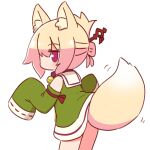  1girl animal_ear_fluff animal_ears bangs bare_shoulders bell blonde_hair blush brown_collar collar commentary_request detached_sleeves dress folded_ponytail fox_ears fox_girl fox_tail green_dress green_sleeves hair_between_eyes hair_ornament highres jingle_bell kemomimi-chan_(naga_u) long_sleeves naga_u neck_bell original purple_eyes sailor_collar simple_background sleeveless sleeveless_dress sleeves_past_fingers sleeves_past_wrists solo standing tail white_background white_sailor_collar 