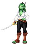  absurd_res anthro arasa_sarhyljan_(yissnakkjr) big_breasts black_clothing boots bottomwear breasts brown_clothing bulge claws cleavage clothed clothing cutlass damoart dragon dragonborn_(dnd) dungeons_and_dragons fin footwear gold_(metal) gold_buttons green_body green_hair green_scales gynomorph hair hand_on_hip hasbro hi_res high_heels horn intersex leather leather_boots leather_bottomwear leather_clothing leather_footwear leather_pants lips melee_weapon pants pseudo_hair purple_eyes scales shirt solo sword sword_sheath tentacle_hair tentacles toeless_footwear topwear weapon white_clothing white_shirt white_topwear wide_hips wizards_of_the_coast 