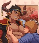  2boys animal_ears bara bare_pectorals blue_hoodie brown_hair cow_ears draph earrings eyepatch gran_(granblue_fantasy) granblue_fantasy highres hood hood_down hoodie horns jewelry large_pectorals looking_at_another male_focus multiple_boys muscular muscular_male nipple_tweak one_eye_covered pectorals pointy_ears reinhardtzar saliva smile sucking_male_nipple teeth textless_version tongue tongue_out upper_body vert_cypres yaoi 