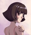  1girl bangs blush bob_cut brown_eyes brown_hair hand_on_own_shoulder ixola looking_back simple_background smile 