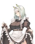  1girl animal_ear_fluff animal_ears apron arknights black_dress blush breasts cat_ears clothes_lift dress dress_lift green_eyes grey_hair highres juliet_sleeves kal&#039;tsit_(arknights) kirsos large_breasts lifted_by_self long_sleeves maid official_alternate_costume parted_lips puffy_sleeves short_hair simple_background solo underbust upper_body white_apron white_background 