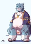  2022 absurd_res anthro balls beard belly big_belly blue_body blush bonasiah clothing eyes_closed facial_hair flaccid footwear full_attack genitals hi_res humanoid_genitalia humanoid_hands humanoid_penis kemono male mammal navel overweight overweight_male penis pixiv_id_54092237 sandals sitting solo sophring_jie ursid white_body 