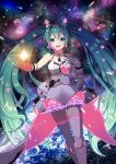  1girl :d aqua_eyes aqua_hair bangs bare_shoulders blush boots braid commentary_request earrings earth_(planet) feet_out_of_frame frilled_skirt frills galaxy_live_(vocaloid) gloves hair_between_eyes hair_ornament hairband hand_up hatsune_miku headset highres jacket jewelry layered_skirt long_hair looking_at_viewer microphone multicolored_clothes multicolored_skirt neon_trim open_mouth outstretched_arm pink_gloves planet planetary_ring pouch sidelocks skirt sleeveless sleeveless_jacket smile solo space sparkle star_(sky) star_(symbol) star_hair_ornament su34ma teeth thighhighs twintails two-tone_gloves upper_teeth very_long_hair vocaloid white_footwear white_gloves white_jacket white_thighhighs zettai_ryouiki 