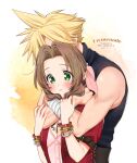 1boy 1girl 2021 aerith_gainsborough black_sweater blonde_hair blush bracelet breasts brown_hair cleavage closed_mouth cloud_strife couple dated dress_shirt final_fantasy final_fantasy_vii green_eyes hair_tubes hetero hug hug_from_behind jacket jewelry krudears long_hair open_clothes open_jacket pink_shirt red_jacket ribbed_sweater shiny shiny_hair shirt short_sleeves sleeveless sleeveless_sweater small_breasts spiked_hair sweater turtleneck turtleneck_sweater twitter_username upper_body watermark white_background 