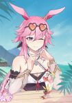  1girl absurdres animal_ears bangs bare_shoulders beach blue_sky breasts cleavage closed_mouth cloud cloudy_sky eating eyewear_on_head food fox_ears glass highres holding holding_spoon homu_(honkai_impact) honkai_(series) honkai_impact_3rd ice_cream kalpas_(honkai_impact) long_hair looking_at_viewer mountainous_horizon ocean one-piece_swimsuit outdoors pink_hair purple_eyes see-through see-through_sleeves sky smile solo spoon sundae sunglasses swimsuit xiachujin yae_sakura yae_sakura_(goushinnso_memento) 