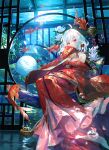  1girl ahoge bare_shoulders earrings expressionless fish flower fuzichoco goldfish highres japanese_clothes jewelry kimono looking_at_viewer medium_hair obi off_shoulder original red_eyes red_kimono sash sitting solo underwater water white_flower white_hair wide_sleeves 