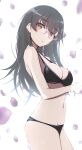  1girl bespectacled black_hair breasts brown_eyes cleavage commentary_request cowboy_shot glasses hayashio_(kancolle) highres honma_(honmatomohiro) kantai_collection long_hair looking_at_viewer medium_breasts navel petals solo tongue tongue_out underwear underwear_only 