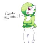  2021 4_fingers :3 arms_under_breasts breasts cleavage clothed clothing crossed_arms dialogue english_text female fingers gardevoir green_hair hair hi_res humanoid medium_breasts nintendo not_furry open_mouth pearboy-ooh pok&eacute;mon pok&eacute;mon_(species) profanity red_eyes simple_background solo text video_games white_background 