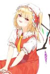  1girl blonde_hair breasts collared_shirt fangs flandre_scarlet frilled_shirt_collar frilled_skirt frilled_sleeves frills hat highres looking_at_viewer lower_teeth medium_hair mob_cap multicolored_wings necktie open_mouth pocche-ex pointy_ears puffy_short_sleeves puffy_sleeves red_eyes red_ribbon red_skirt red_vest ribbon ribbon-trimmed_headwear ribbon_trim shiny shiny_hair shirt short_sleeves side_ponytail simple_background skin_fangs skirt skirt_set small_breasts solo teeth touhou vest white_background white_headwear white_shirt wings wrist_cuffs yellow_necktie 