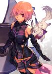  1girl 1other animal_ears armor armored_dress armpits bare_shoulders black_dress black_thighhighs breasts cowboy_shot dress eyes_visible_through_hair fate/grand_order fate_(series) feet_out_of_frame fou_(fate) gauntlets gradient gradient_background grey_background hair_over_one_eye holding holding_shield hungry_clicker looking_at_viewer mash_kyrielight medium_breasts pink_hair purple_eyes purple_hair shield short_hair simple_background smile sword tail thighhighs weapon white_background 