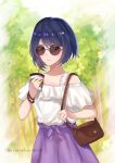  1girl alternate_costume bag bangs bare_shoulders blue_hair casual commentary_request contemporary cup disposable_cup drinking_straw forest genshin_impact hand_up handbag holding holding_cup kujou_sara maron_star nature off-shoulder_shirt off_shoulder outdoors partial_commentary purple_skirt round_eyewear shirt short_hair short_sleeves skirt solo sunglasses tree upper_body white_shirt yellow_eyes 