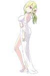  1girl ass blush breasts closed_mouth dress flower green_hair hair_flower hair_ornament hair_over_one_eye highres jashin-chan_dropkick large_breasts looking_at_viewer mumyou_ishi persephone_(jashin-chan_dropkick) red_eyes smile solo white_dress 