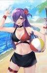  1girl 1other absurdres androgynous arval_(fire_emblem) asymmetrical_clothes bangs bare_shoulders bikini bikini_skirt breasts cleavage fire_emblem fire_emblem:_three_houses fire_emblem_warriors:_three_hopes hair_bun hair_over_one_eye highres large_breasts long_hair looking_at_viewer navel open_mouth outdoors purple_eyes purple_hair reia_hana shez_(fire_emblem) shez_(fire_emblem)_(female) short_hair single_hair_bun smile swimsuit thigh_strap 