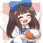  1girl :d bangs blunt_bangs blush bow brown_hair closed_eyes collared_dress coruthi curry curry_rice dress fairy_wings food frilled_shirt_collar frills hair_bow holding holding_food holding_plate juliet_sleeves long_hair long_sleeves neck_ribbon open_mouth plate puffy_sleeves ribbon rice smile solo star_sapphire touhou wide_sleeves wings 