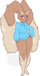  anthro blue_clothing blue_eyes blue_sweater blue_topwear bottomless brown_body brown_ears brown_fur captainbutter clothed clothing eyebrows fur hand_on_hip hi_res lopunny nintendo pok&eacute;mon pok&eacute;mon_(species) pose solo sweater topwear video_games 