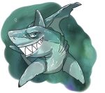  ambiguous_gender blue_eyes bubble dorsal_fin feral fin fish forked_tail front_view glistening glistening_body glistening_eyes grey_body grey_tail grin imperatorcaesar marine narrowed_eyes shark sharp_teeth smile solo teeth underwater unusual_anatomy unusual_tail water 