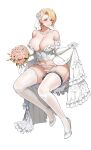  1girl amy_razor bare_shoulders blonde_hair bouquet breasts bridal_lingerie bridal_veil bride cleavage corset dress earrings elbow_gloves flower full_body game_cg garter_straps gloves hair_between_eyes high_heels highres jewelry large_breasts last_origin lingerie looking_at_viewer navel necklace official_art open_clothes open_dress panties pearl_necklace purple_eyes sitting skirt_hold smile solo tachi-e taesi thighhighs transparent_background underwear veil wedding_dress white_gloves white_panties white_thighhighs 