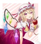  1girl absurdres apple ascot back_bow blonde_hair bow collared_shirt crystal dated fangs flandre_scarlet food frilled_ascot frilled_shirt_collar frills fruit hair_between_eyes hat highres holding holding_food holding_fruit leaning_forward medium_hair mob_cap multicolored_wings open_mouth pointy_ears puffy_short_sleeves puffy_sleeves red_eyes red_ribbon red_skirt red_vest ribbon ribbon-trimmed_headwear ribbon_trim shirt short_sleeves side_ponytail signature simple_background skirt skirt_set solo touhou vest white_bow white_headwear white_shirt wings wrist_cuffs yellow_ascot zerotsu_0215 