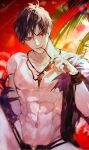  1boy abs absurdres bangs bare_pectorals belial_(granblue_fantasy) belial_(summer)_(granblue_fantasy) black_hair black_jacket black_male_swimwear eyewear_removed fur-trimmed_jacket fur_trim granblue_fantasy highres holding holding_eyewear jacket jewelry large_pectorals male_focus male_swimwear muscular muscular_male navel necklace nipples official_alternate_costume open_clothes open_jacket outdoors pectorals red_eyes rilmok ring short_hair solo swim_briefs tinted_eyewear wristband 