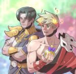  2boys alternate_hair_color astraea_f black_hair black_nails black_sclera blonde_hair colored_sclera crossed_arms gorget greek_clothes green_eyes hades_(game) heterochromia laurel_crown male_focus mismatched_sclera multiple_boys open_mouth red_eyes single_bare_shoulder skull smile thanatos_(hades) yellow_eyes zagreus_(hades) 