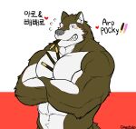  &lt;3 abs anthro aro_rouon blush blush_lines brown_body brown_fur canid canine canis cheotdo crossed_arms english_text food fur grey_nose korean_text looking_at_viewer male mammal muscular muscular_anthro muscular_male pecs pocky pocky_day pocky_in_mouth pocky_in_pecs sharp_teeth simple_background solo teeth text utau white_background wolf 