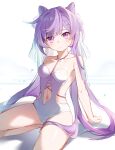  1girl bare_arms bare_legs bare_shoulders braid breasts closed_mouth clothing_cutout collarbone cone_hair_bun expressionless genshin_impact hair_bun halterneck highres keqing_(genshin_impact) lizhilv long_hair looking_at_viewer medium_breasts navel navel_cutout one-piece_swimsuit purple_eyes purple_hair sideless_outfit skindentation solo squatting swimsuit thighs twintails very_long_hair white_swimsuit 