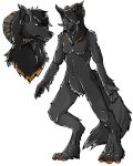  anthro black_hair black_nose brown_horn canid claws crotch_tuft dark_hair digitigrade ear_piercing eyes_closed featureless_crotch finger_claws front_view fur gauged_ear glistening glistening_nose grey_body grey_ears grey_fur grey_inner_ear grey_inner_ear_fluff hair hi_res horn imperatorcaesar inner_ear_fluff male mammal mouth_closed navel orange_pawpads pawpads piercing red_claws simple_background solo standing tuft white_background 