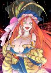  1girl :d animal_print bare_shoulders blood blood_on_arm blood_on_hands blue_dress blue_headwear bracelet breasts cleavage commentary_request dress earrings green_eyes hat_feather highres imaijun isabella_(seiken_densetsu_3) jewelry large_breasts long_hair looking_at_viewer necklace orange_hair peacock_feathers pink_ribbon ribbon ring seiken_densetsu seiken_densetsu_3 slit_pupils smile solo tiger_print tooth_necklace very_long_hair 