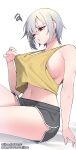  1girl absurdres black_shorts breasts fanbox_username fingernails hair_between_eyes highres jjune large_breasts midriff navel original patreon_username red_eyes short_hair shorts simple_background sitting solo sweat tank_top white_background white_hair yellow_tank_top 