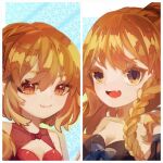  2girls alternate_costume alternate_hairstyle black_swimsuit blonde_hair braid close-up closed_mouth collarbone commentary_request fang flandre_scarlet hair_between_eyes kirisame_marisa long_hair medium_hair multiple_girls no_hat no_headwear open_mouth orange_eyes portrait red_swimsuit shizen_no_wasabi_chadzuke single_braid skin_fang smile swimsuit touhou yellow_eyes 