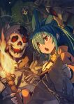  1girl bangs blue_hair breasts clothes_writing collarbone fang fingernails fire hair_between_eyes highres holding holding_map holding_torch long_hair map nail_polish open_mouth orange_eyes orange_nails original ponytail ringed_eyes rumie single_bare_shoulder skeleton small_breasts tiona torch v-shaped_eyebrows wrist_cuffs 