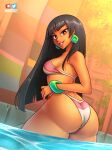  1girl ass bikini brown_eyes chel_(the_road_to_el_dorado) dark-skinned_female dark_skin highres hime_cut huge_ass long_hair looking_back nortuet solo swimsuit the_road_to_el_dorado thick_thighs thighs very_long_hair water wide_hips 