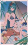  2girls absurdres black_swimsuit breasts byleth_(fire_emblem) byleth_(fire_emblem)_(female) byleth_(summer)_(fire_emblem)_(female) edelgard_von_hresvelg fire_emblem fire_emblem:_three_houses fire_emblem_heroes flower green_hair hair_ornament hibiscus highres innertube lap_pillow long_hair multiple_girls navel open_clothes parasol purple_eyes red_swimsuit ribbon shenye_yuu swimsuit umbrella upper_body 