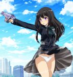  1girl bangs black_hair blue_skirt blue_sky blush bow bow_panties building buttons commentary_request cowboy_shot grey_bow grey_skirt gun holding holding_gun holding_weapon inoue_takina long_hair long_sleeves lycoris_recoil panties pantyshot pointing purple_eyes skirt sky solo standing tachibana_hiroki two-tone_skirt underwear uniform upskirt weapon white_panties wind wind_lift 