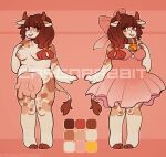  accessory anthro areola bell bovid bovine breasts brown_hair cargorabbit cattle clothed clothing dress female hair hair_accessory hair_tie hand_on_breast hooves horn mammal model_sheet multicolored_body nipples nude signature simple_background smile solo standing tail_tuft teats tuft udders yellow_eyes 
