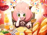  1girl alcohol anya_(spy_x_family) baguette bread chicken_(food) commentary_request cup drinking_glass eating egg_(food) food fried_chicken glass_bottle green_eyes highres omurice orange_juice out_of_frame pink_hair pjkuasu plate rice spy_x_family wine wine_glass 