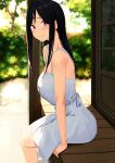  1girl absurdres anti_(0324) ass bare_arms bare_shoulders black_hair blurry blurry_background blush breasts closed_mouth day dress feet_out_of_frame from_side highres long_hair looking_at_viewer looking_to_the_side mole mole_under_eye mole_under_mouth original outdoors parted_lips porch purple_eyes sitting sleeveless sleeveless_dress smile solo white_dress wooden_floor 