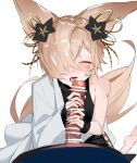  2boys absurdres animal_ears axescr bangs bar_censor bare_shoulders black_flower black_nails blonde_hair blush bridal_gauntlets censored closed_eyes collar collarbone commentary cuffs cum cum_on_hair erection erune eyelashes eyeshadow facial fingernails flower fox_boy fox_ears fox_tail granblue_fantasy hair_flower hair_ornament hair_over_one_eye hair_ribbon handjob hands_up highres japanese_clothes kneeling kou_(granblue_fantasy) long_hair long_sleeves makeup male_focus multiple_boys nail_polish nose_blush off_shoulder one_eye_covered open_mouth otoko_no_ko parted_bangs penis pov red_eyeshadow ribbon saliva sidelocks single_bare_shoulder sweat swept_bangs tail teeth tongue transparent_background upper_teeth yaoi 