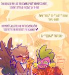  avian bodily_fluids dialogue dragon english_text eyes_watering female flower friendship_is_magic gabby_(mlp) gryphon happy hi_res male my_little_pony mythological_avian mythology plant sockiepuppetry spike_(mlp) spread_wings tears text wings 
