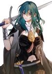 1girl bangs belt black_shirt black_shorts blue_eyes blue_hair bracer breasts brown_pantyhose byleth_(fire_emblem) byleth_(fire_emblem)_(female) clothing_cutout commentary cowboy_shot dagger fire_emblem fire_emblem:_three_houses grey_belt grey_cloak hair_between_eyes highres holding holding_sword holding_weapon knife large_breasts long_hair looking_at_viewer navel navel_cutout nekko_(nekko909) pantyhose scabbard sheath shirt short_shorts shorts simple_background smile solo standing sword weapon white_background 